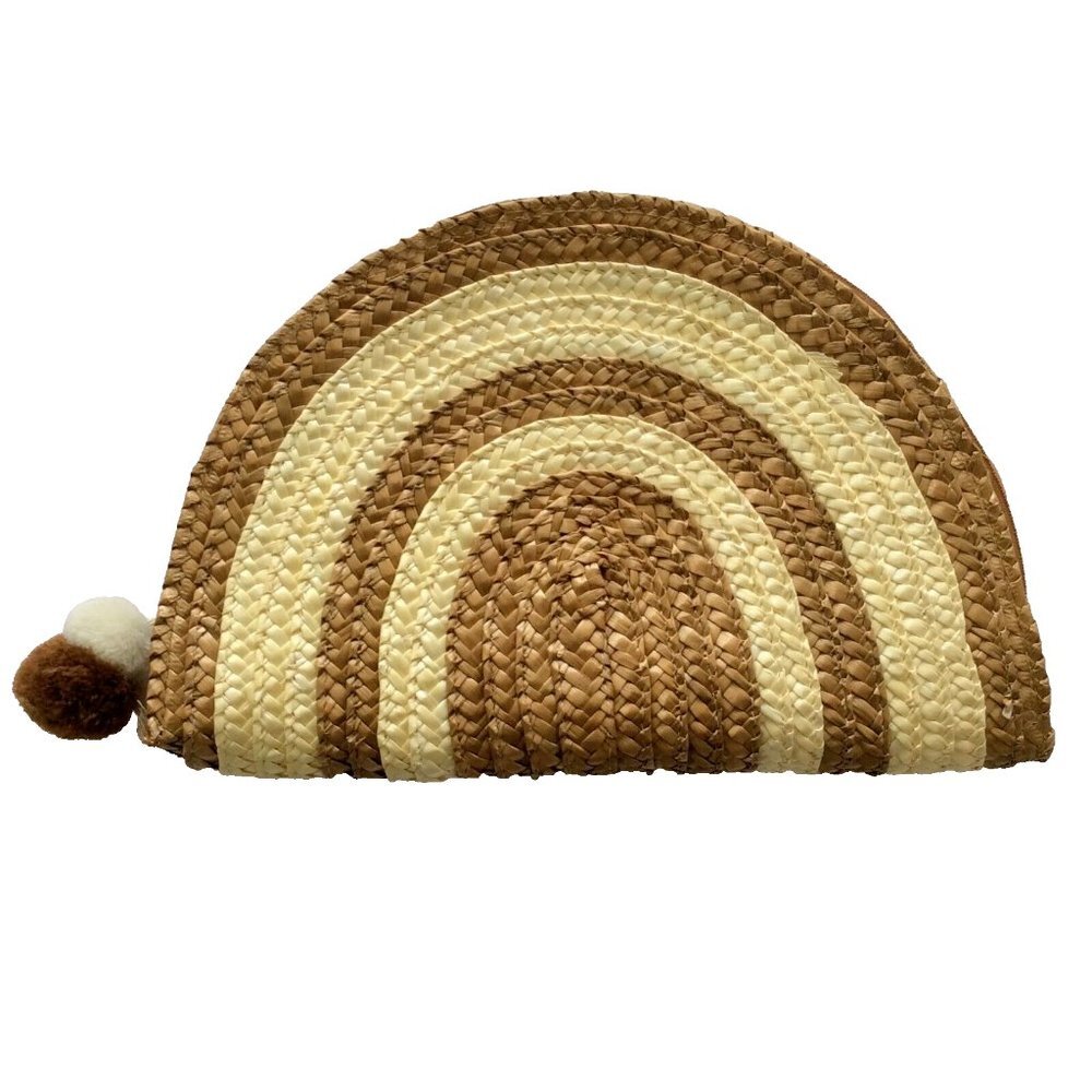Tan & Ivory Double Pom-Pom Straw Clutch Bag NWOT - Picture 2 of 3